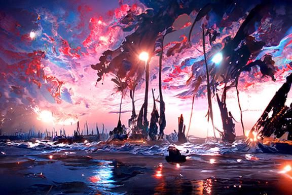 Eerie Night Lake Beachscape in Hyperdetailed Horror Art
