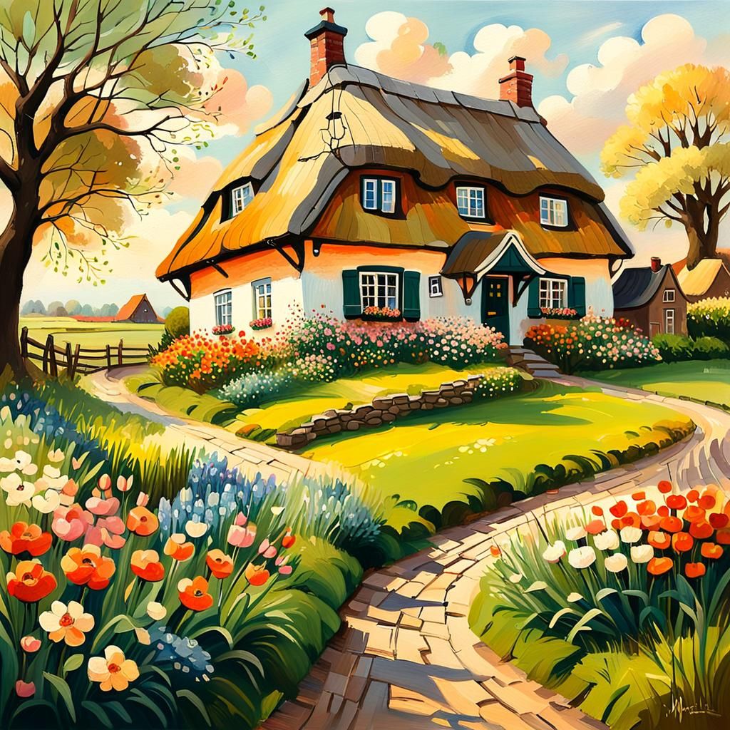 Idyllic Thatched Roof House in Spring Garden Painting