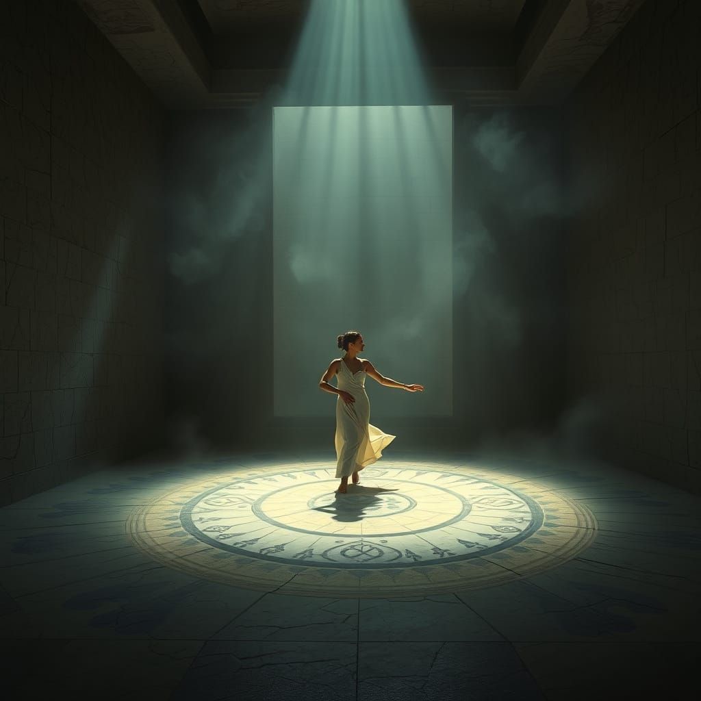 Elegant Ritual in a Forgotten Temple with Ethereal Light