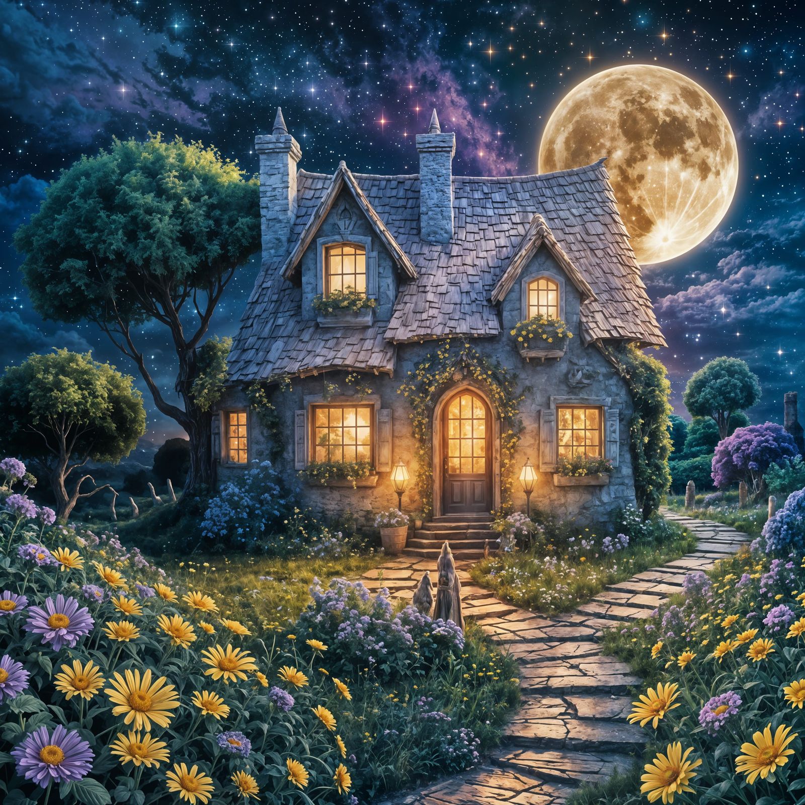 Cozy Cottage Under Crescent Moon in Fantasy Art