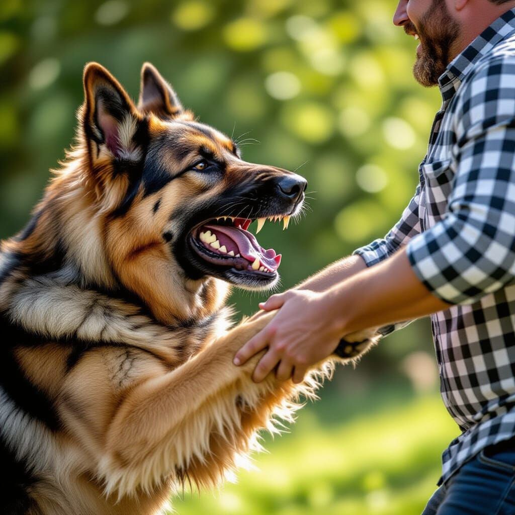 German Shepherd Bites Man's Arm in Gritty Photo Style