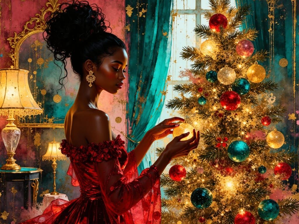 Elegant Black Woman Decorates Christmas Tree in Opulent Parl...