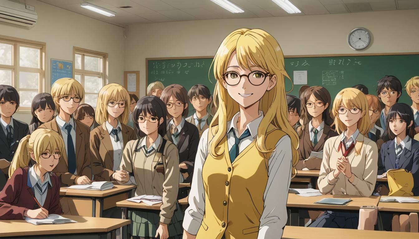 Smiling Teacher in Manga Style Classroom