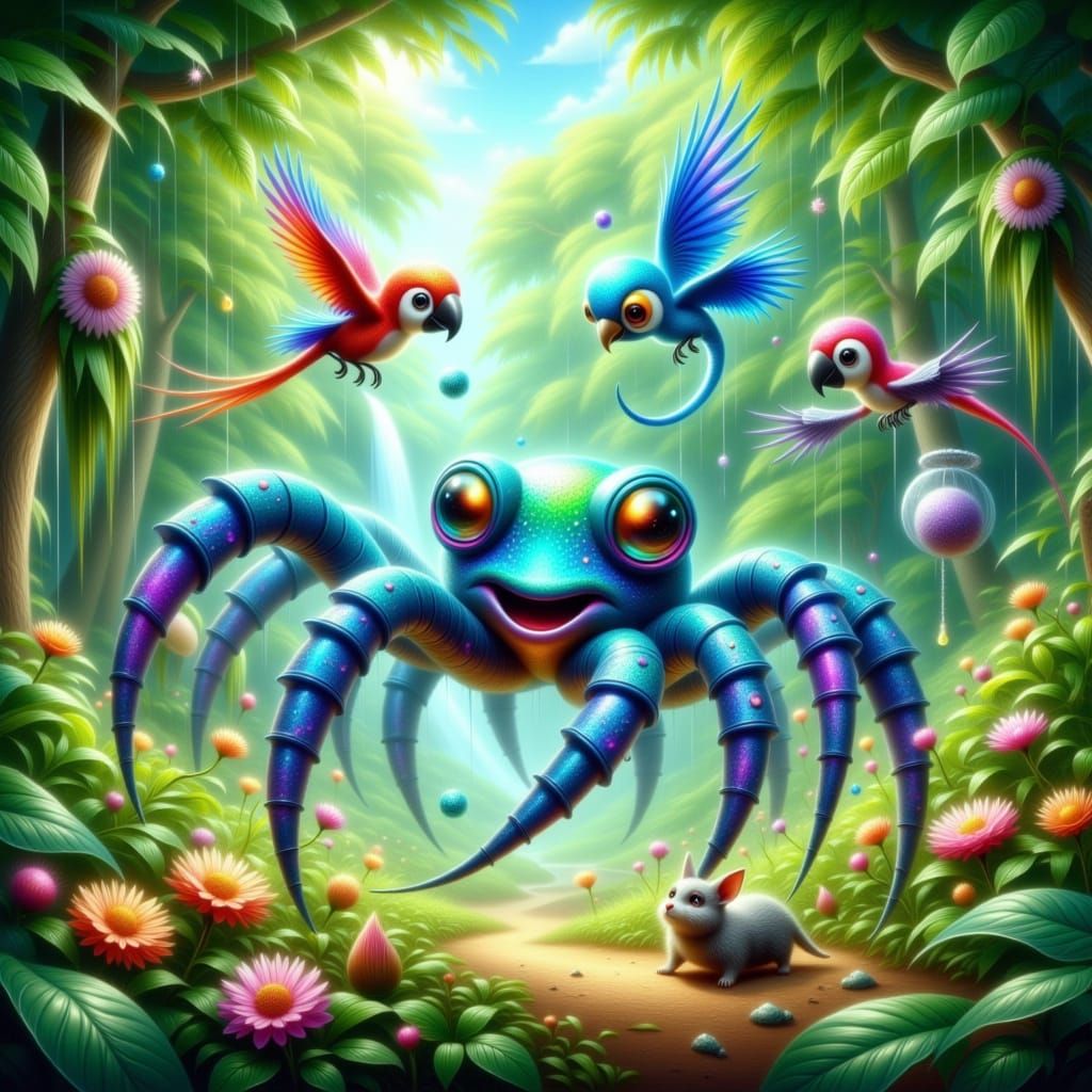 Whimsical Amazonian Adventure in Vibrant Iridescent Hues