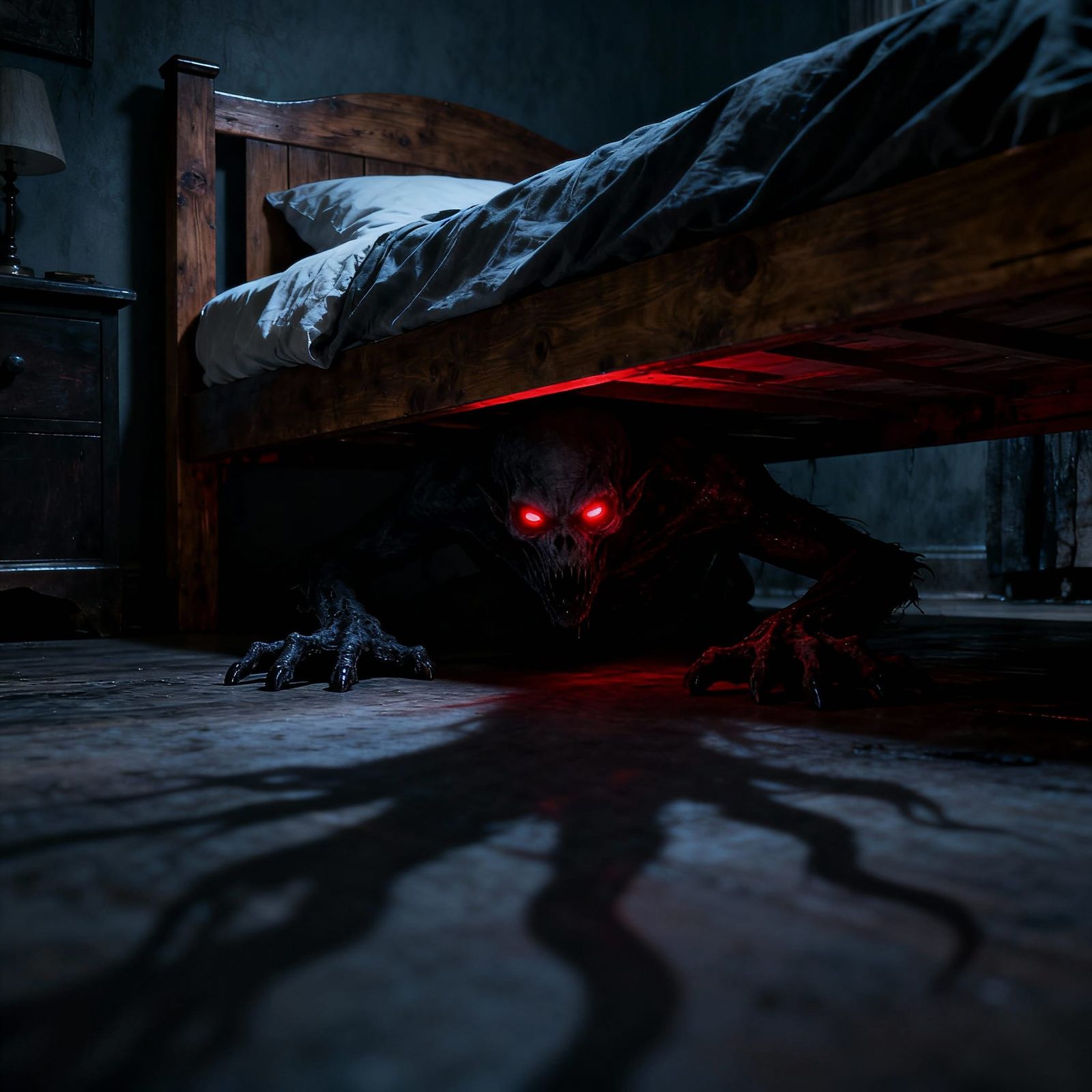 Shadowy Monster with Red Eyes Under Bed