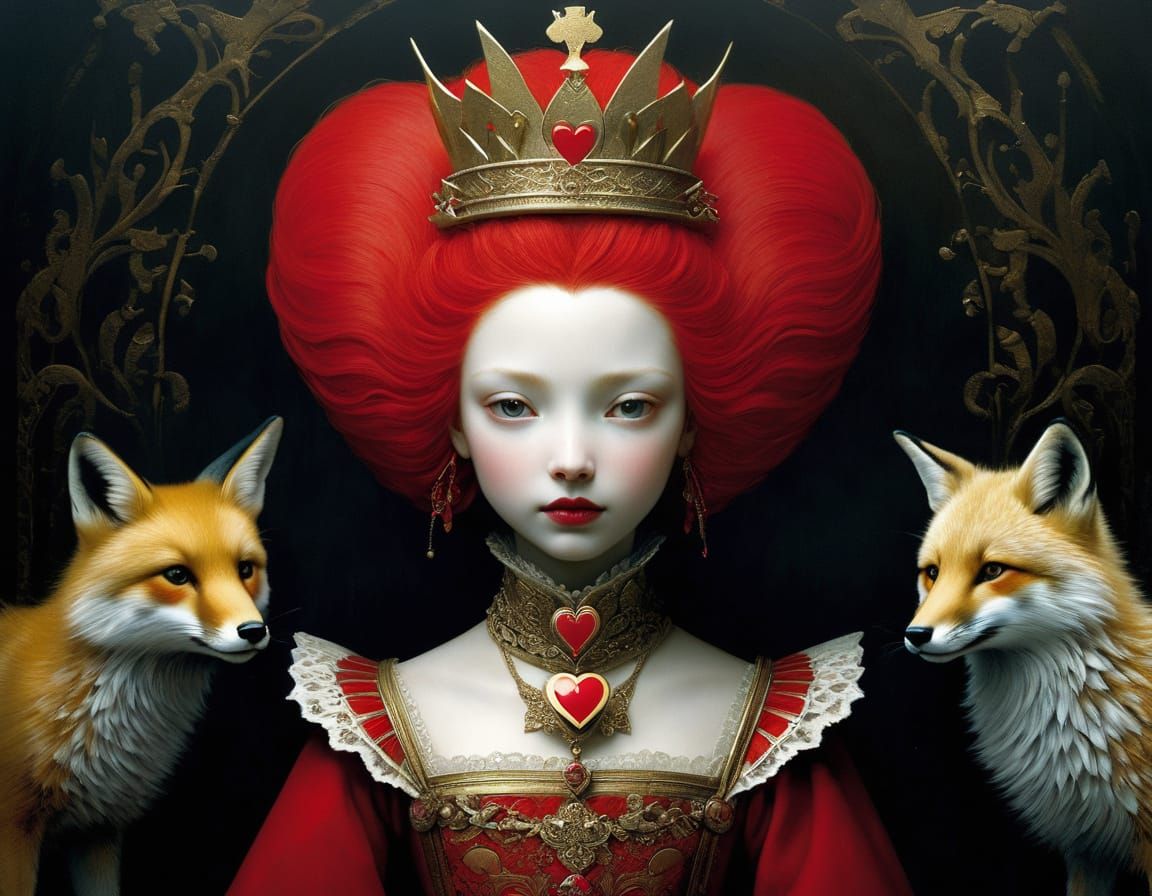 Queen of Hearts Petting Fox in Detailed Art Style