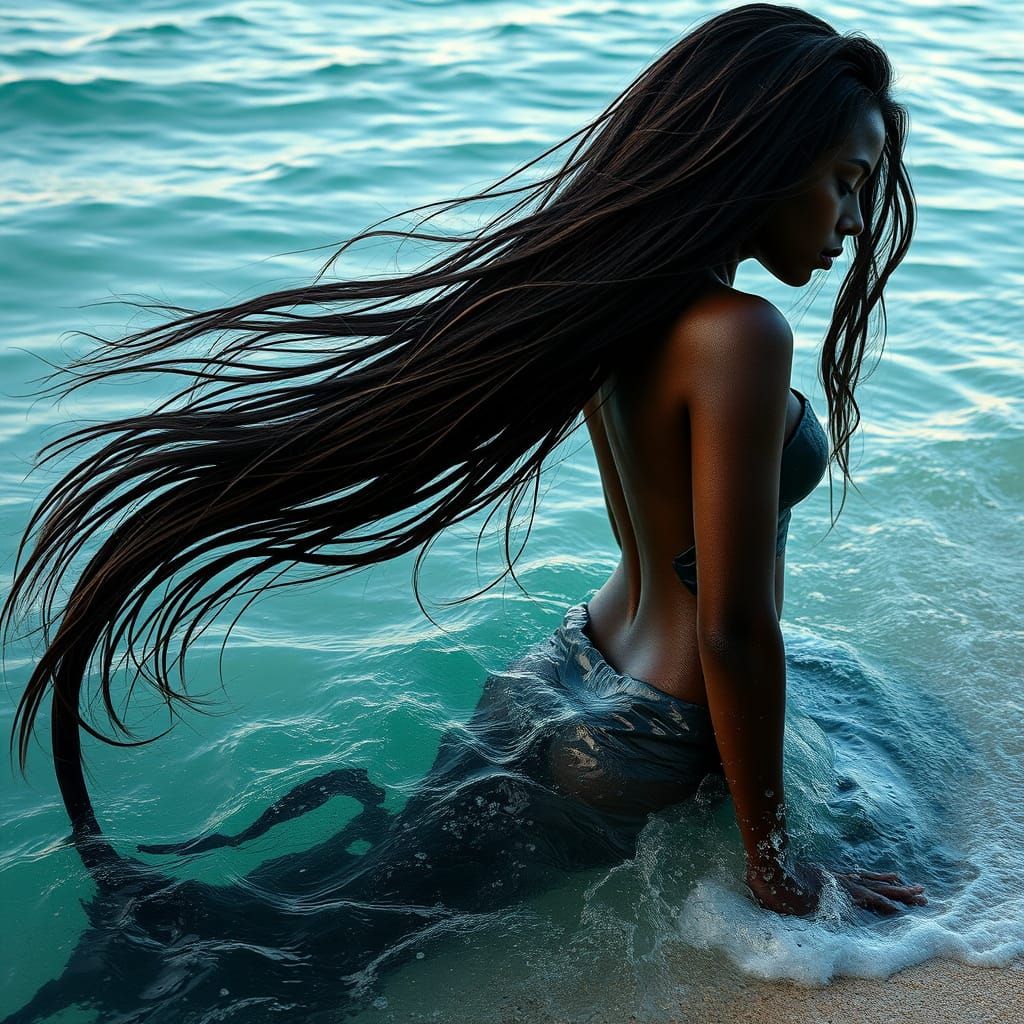 Realistic Mermaid with Black Skin on Sandy Shore at Sunset