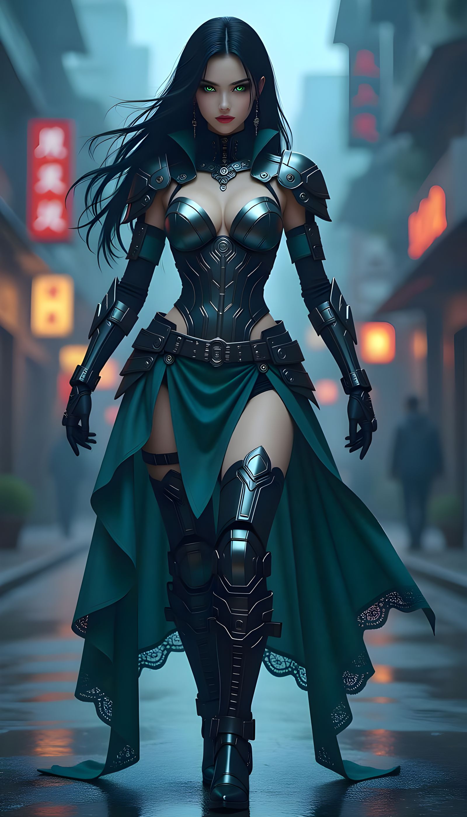 Cyberpunk Heroine with Medieval Fantasy Attire in Anime Styl...