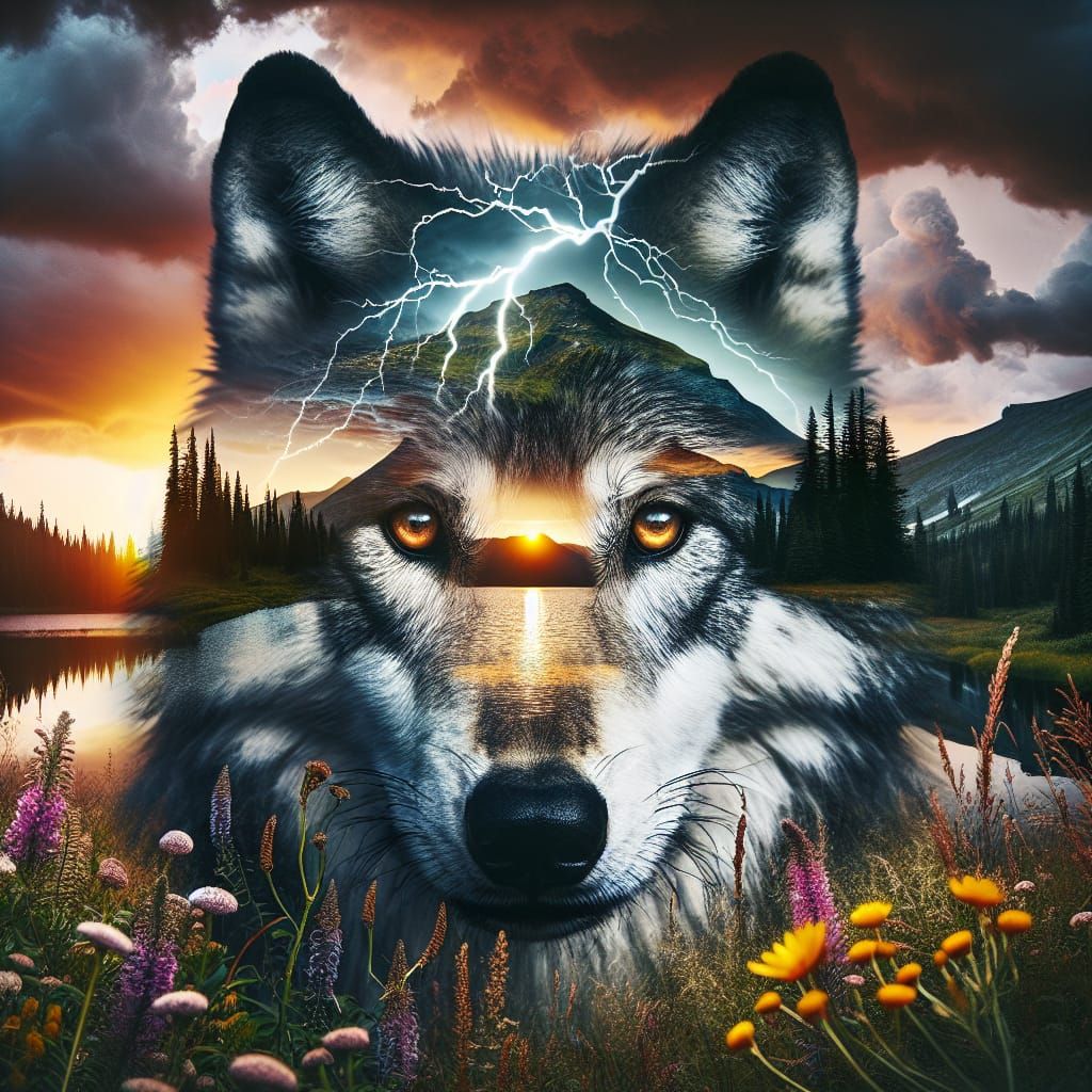 Wolf Silhouette Encapsulates Sunset Landscape in Thunderstor...