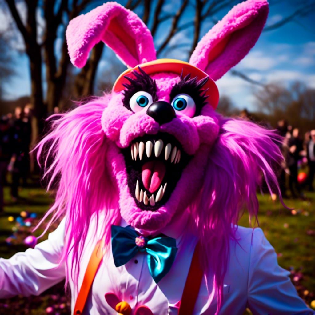 <lora:Freddys:1.0> <lora:Screamo:1.0>Cursed Easter Bunny Costume screaming insanely with teeth at an Easter Sunday