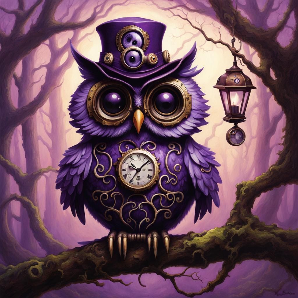 Steampunk Owl in Burtonesque Fantasy Forest