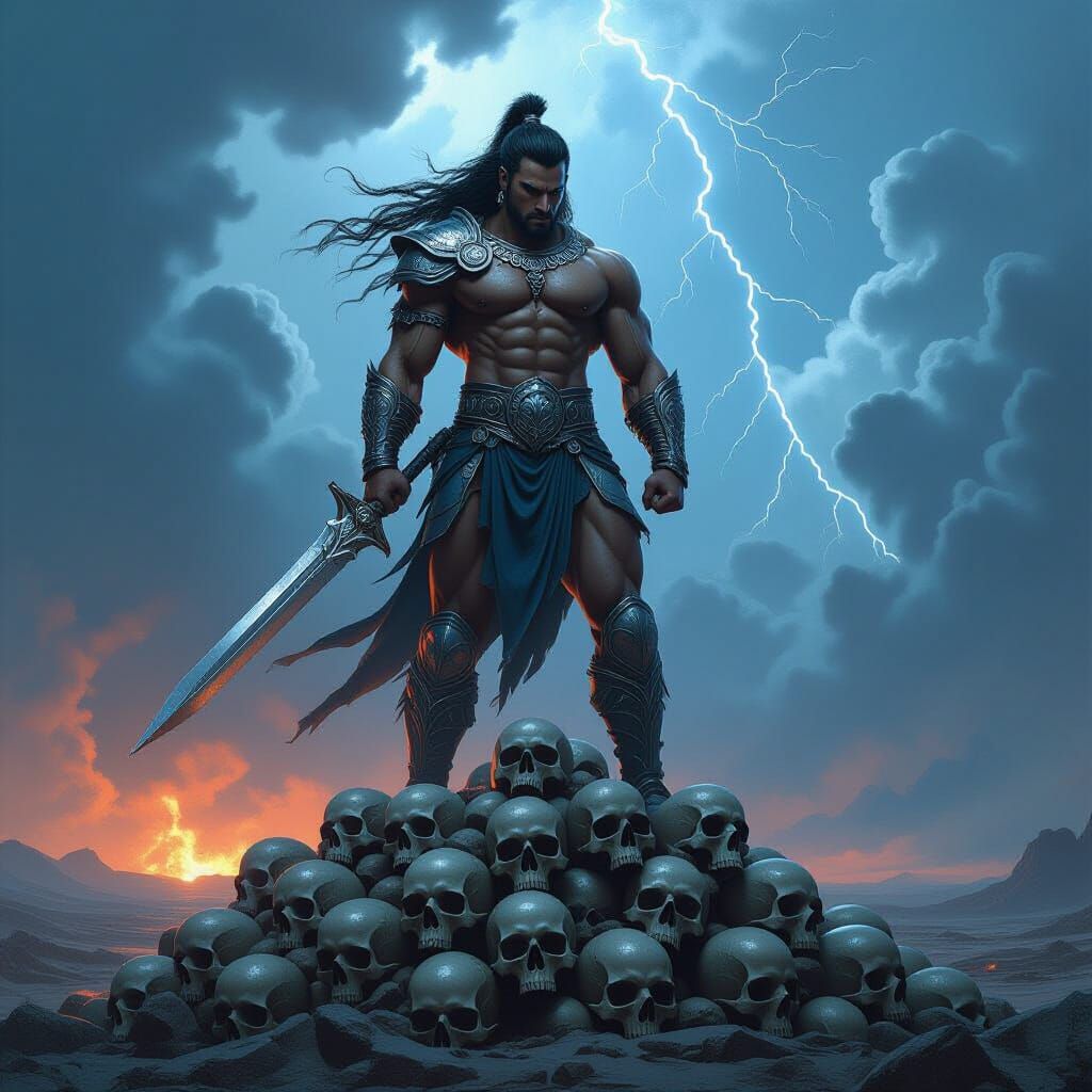 Amazon Warrior on Skull Mountain in Dark Fantasy Style