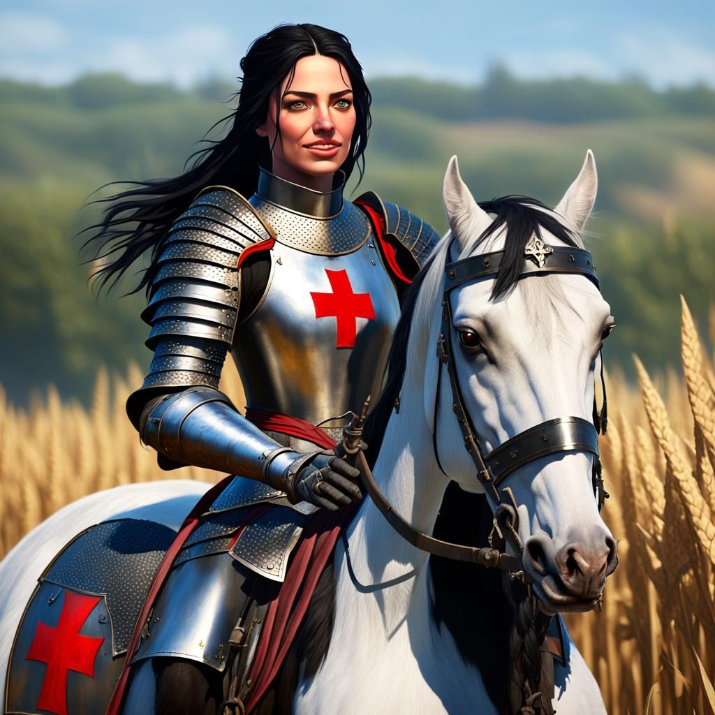 Girl in Templar Armor Rides Through Field