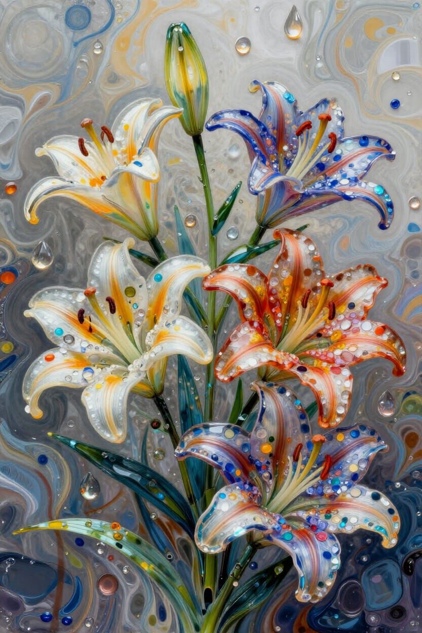 Ethereal Lilies in Fluid Art Style with Glass Mosaic