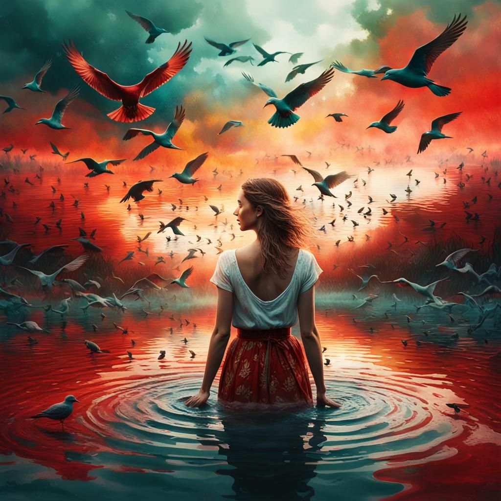 Woman and Birds in Mystical Red Lake