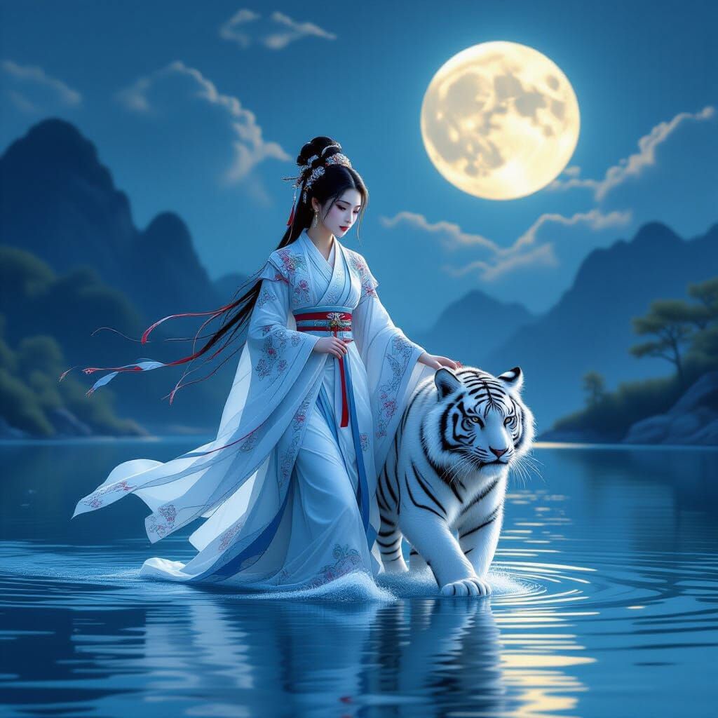Hanfu Woman and White Tiger Walking on Water