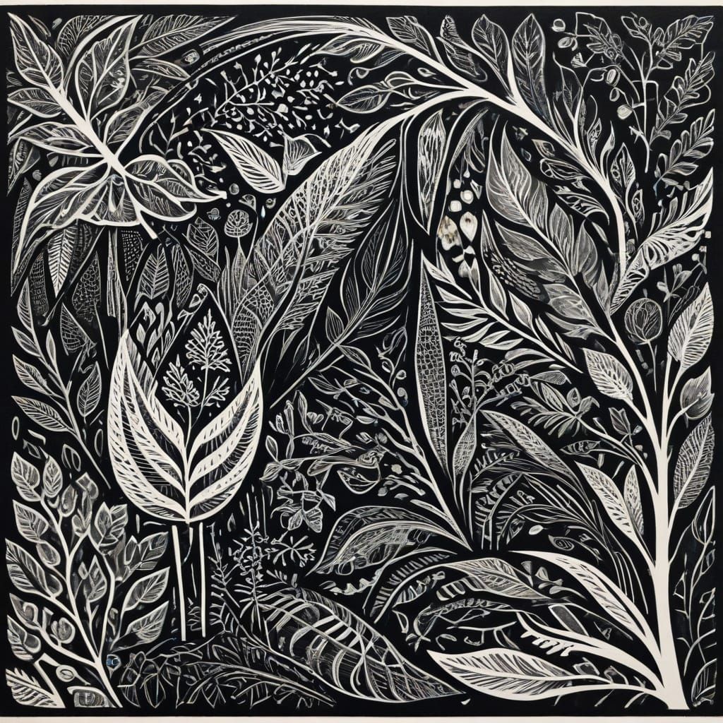 Bold Linocut Art in Geometric Forms