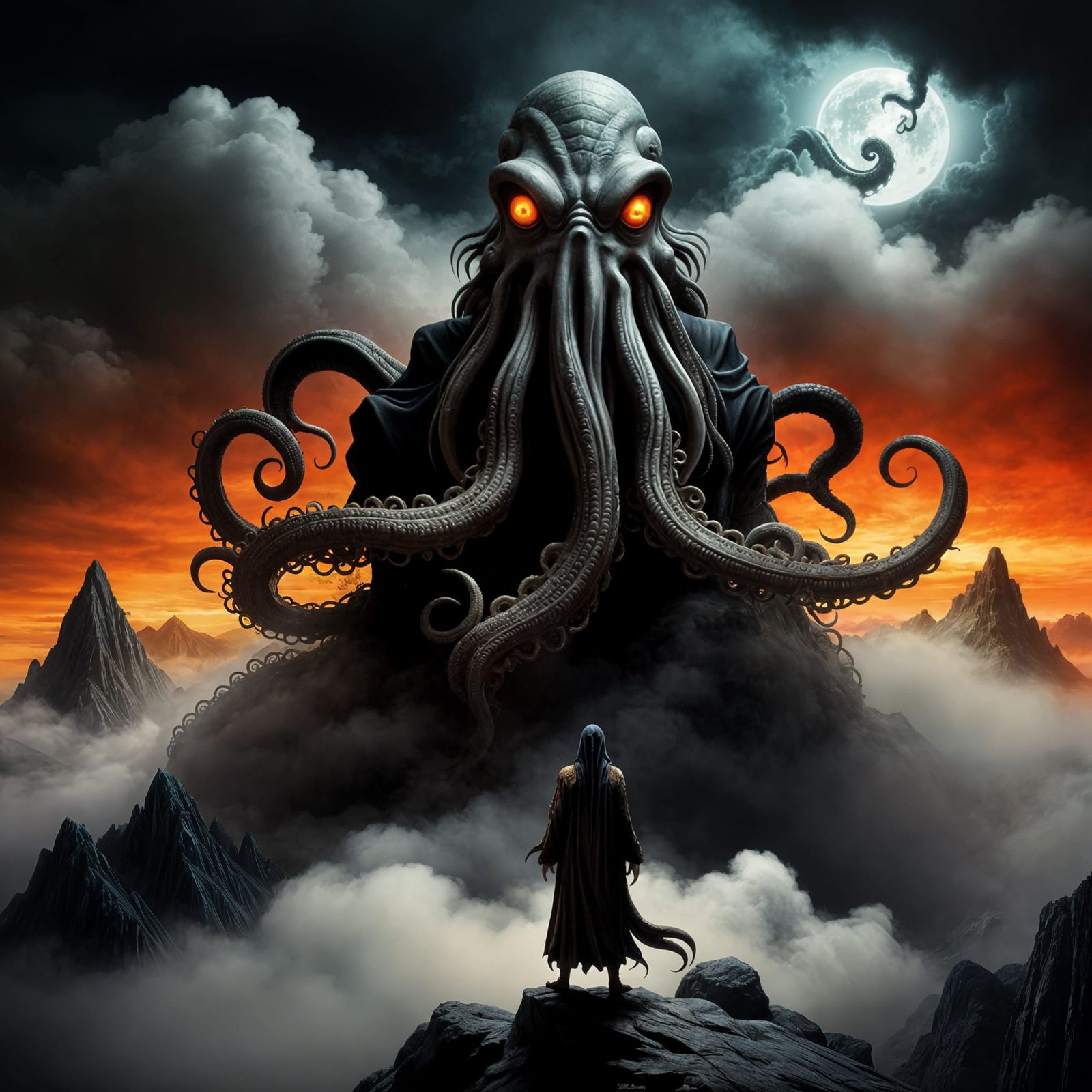 Cthulhu Horror Landscape with Mountain Figure