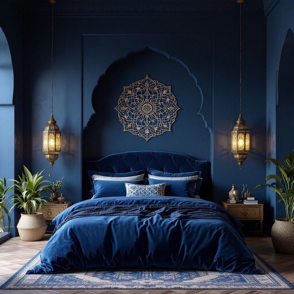 Moroccan Bedroom with Velvet Bedding and Ornate Lanterns