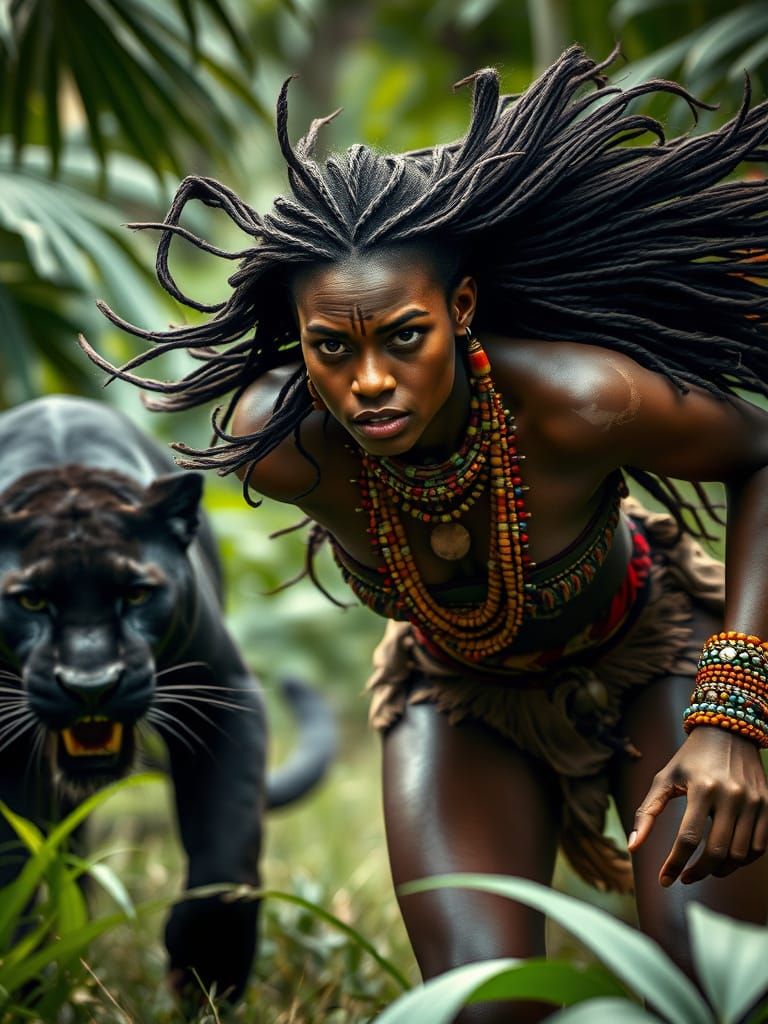 Tribal Goddess in Lush Jungle, Running with Panther