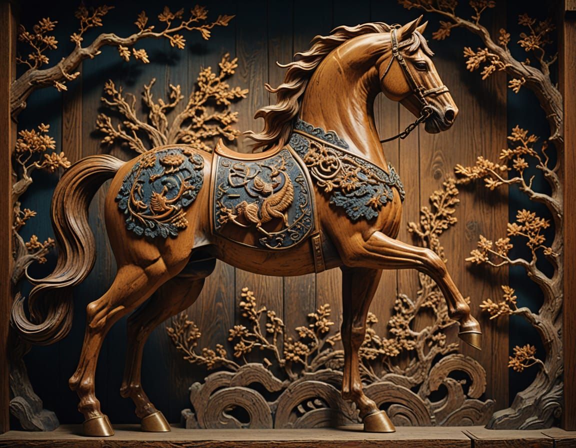 Rearing Horse in Profile with Wood Carving Texture