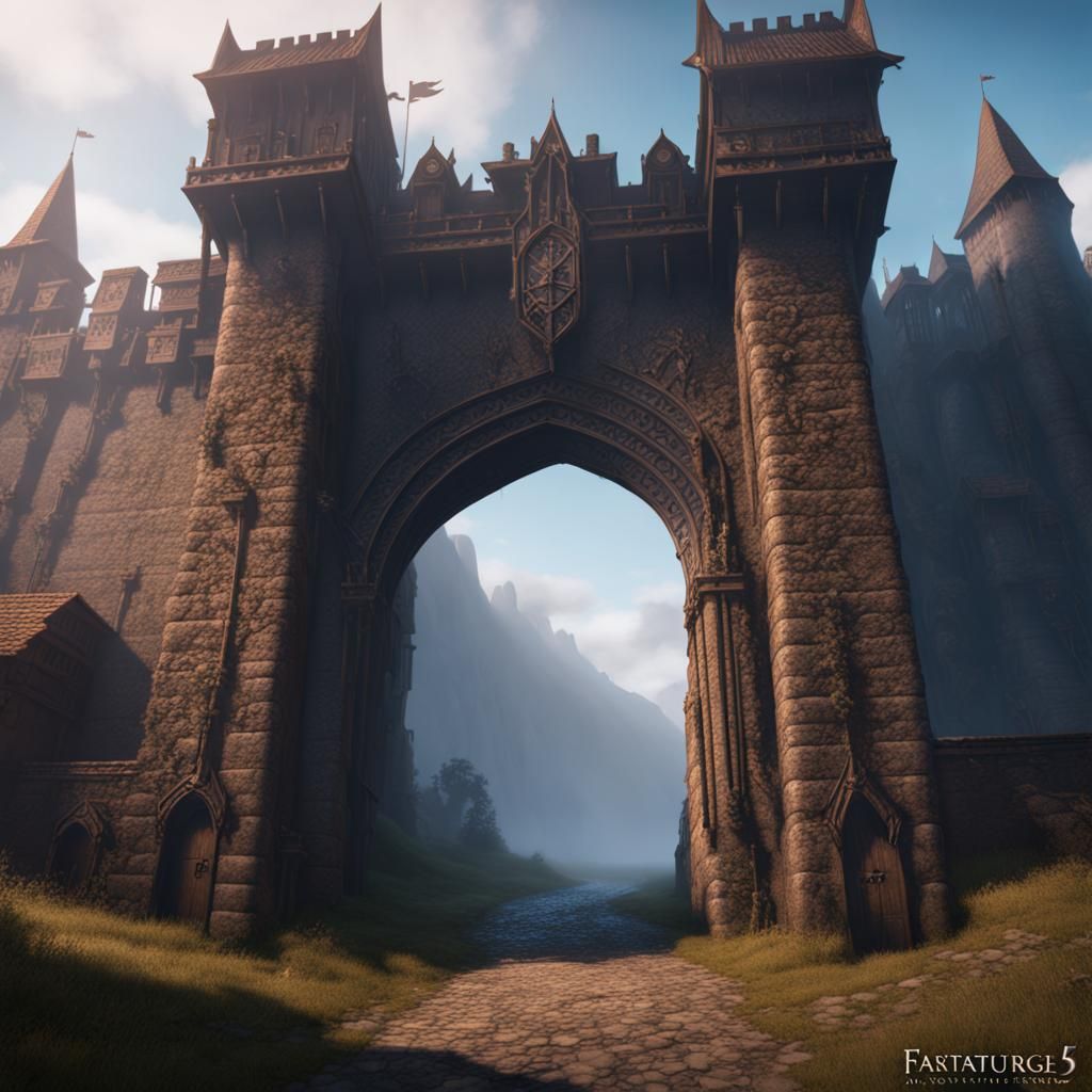 Medieval Gate in Foggy Valley: Fantasy Concept Art