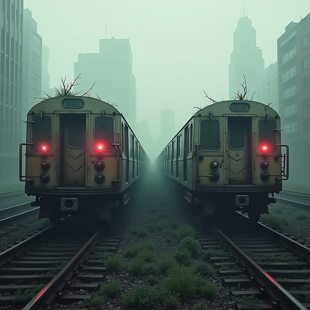 Dystopian Subway Metropolis in Eerie Fog
