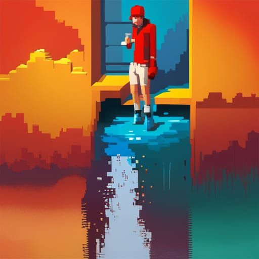 Man and a waterfall pixel art