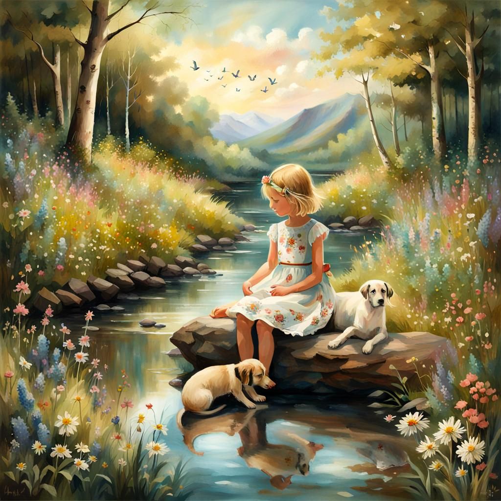 Girl and Dog in Forest Landscape, Fantasy Art