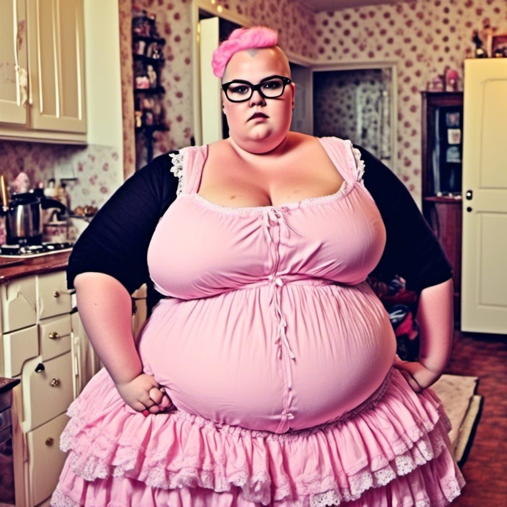 Curvy Woman in Pink Maid Outfit in Kitchen
