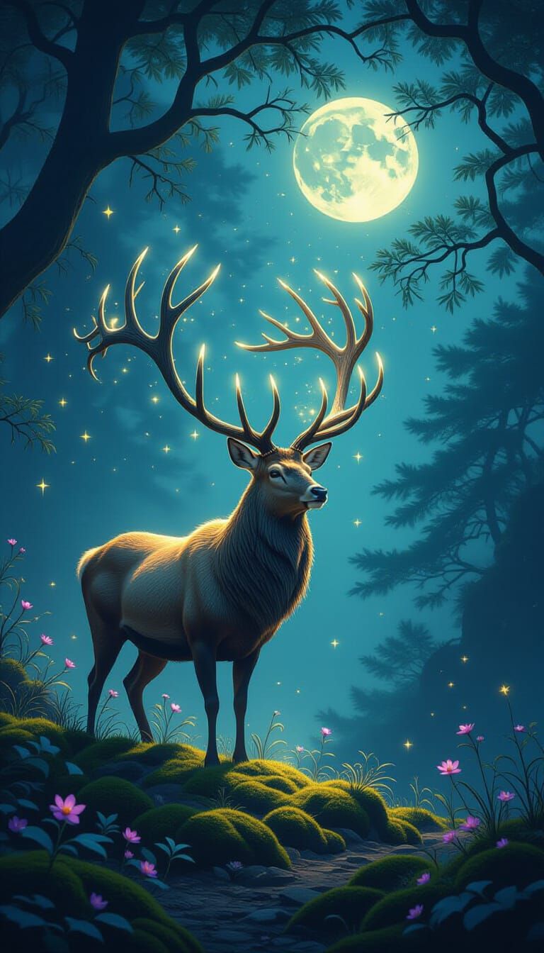 Majestic Stardust Stag in Enchanted Forest