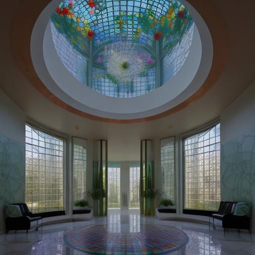 Futuristic Building with Mosaic Glass and Floral Interior