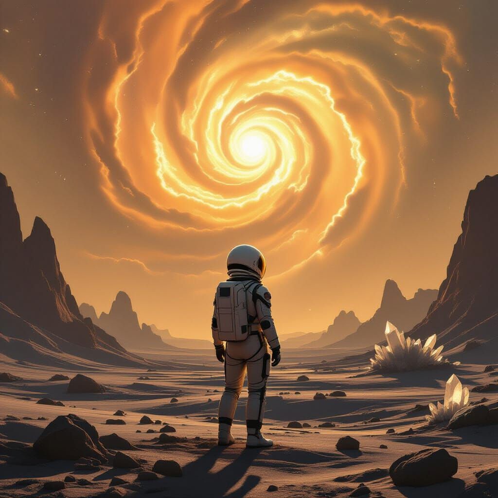 Astronaut Girl on Alien Planet Gazing at Nebula