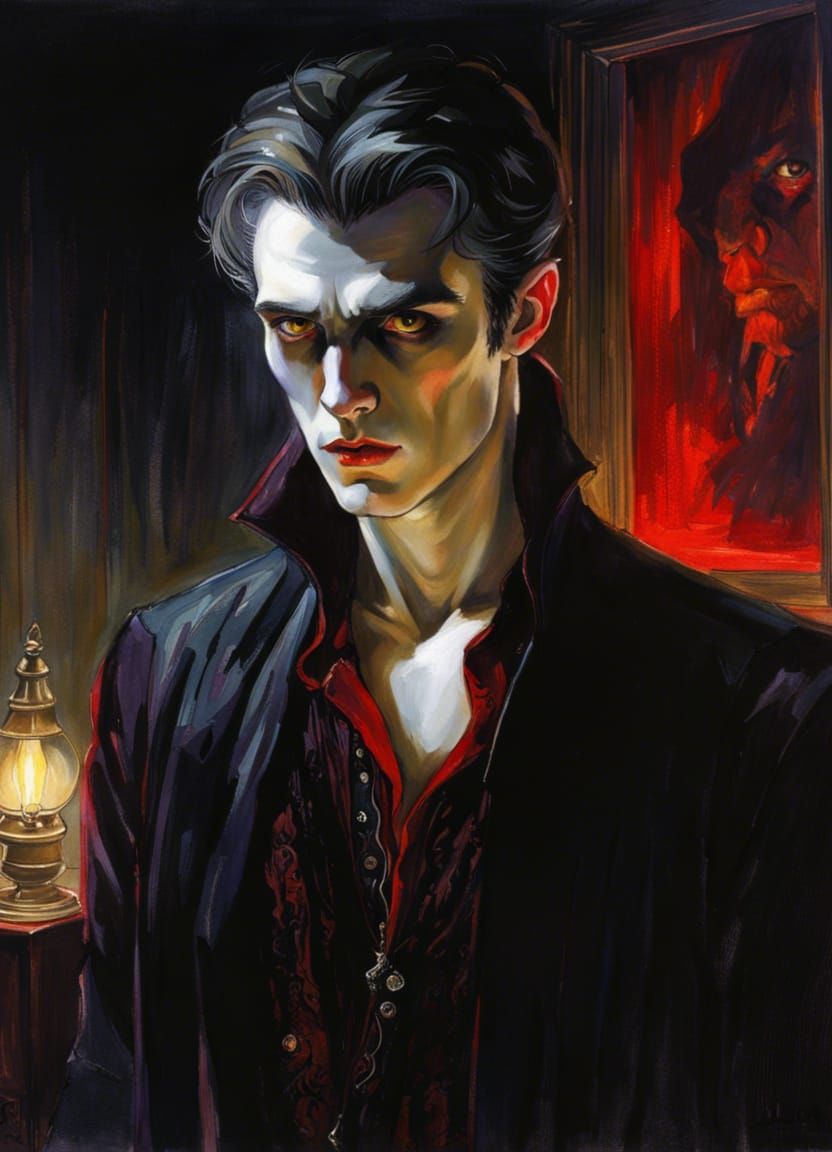 Young Vampire in Dark Room, Dark Fantasy Art