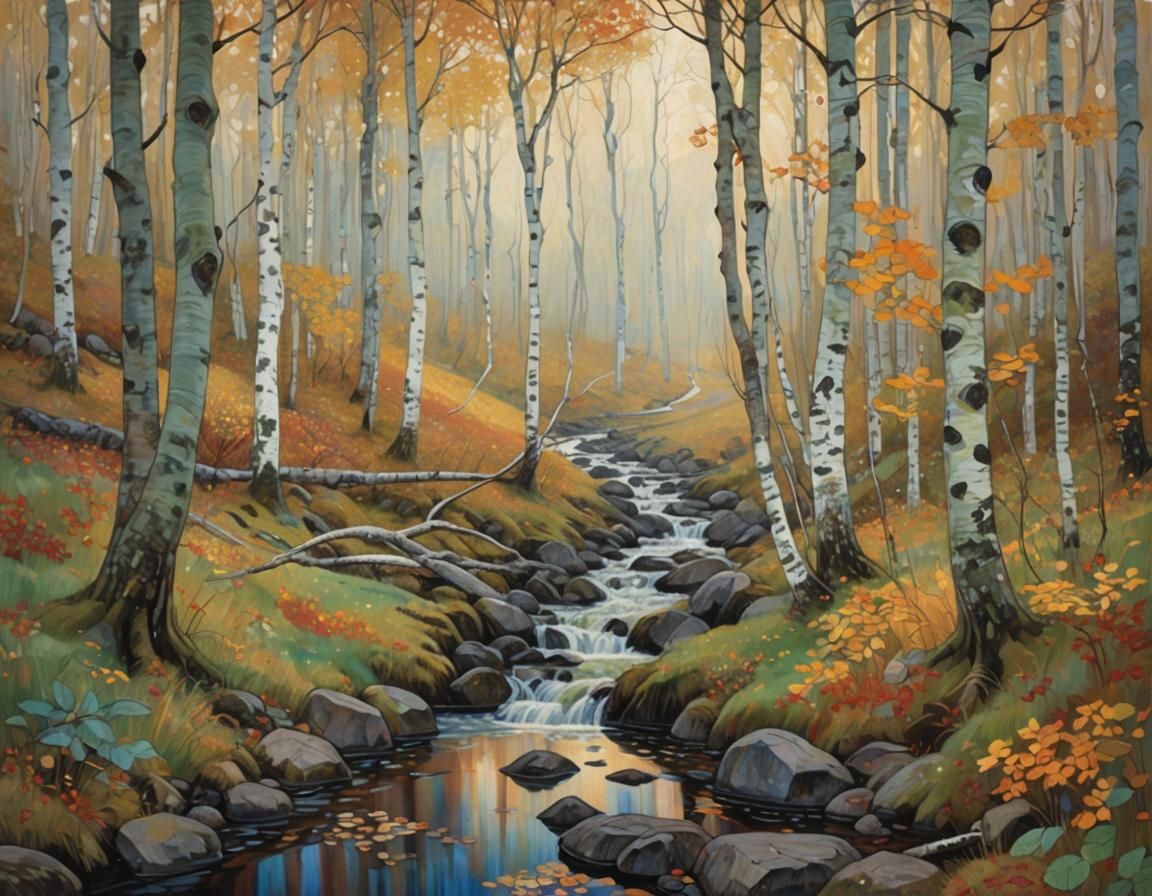 Autumnal Birch Forest Stream in Art Nouveau Style