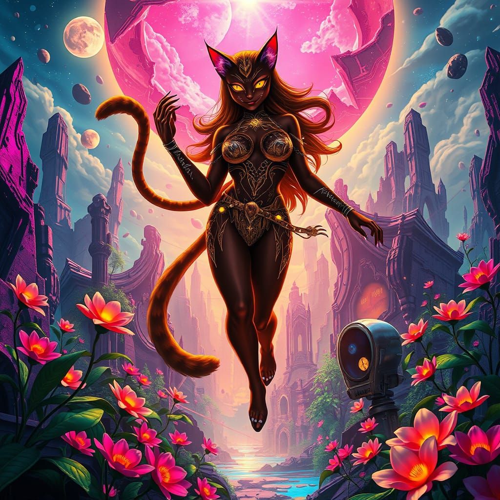 Cat Goddess Ascending in a Neon Jungle