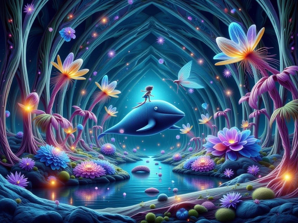 Surreal Underwater Whimsy: Whales, Fae, and Bioluminescent B...