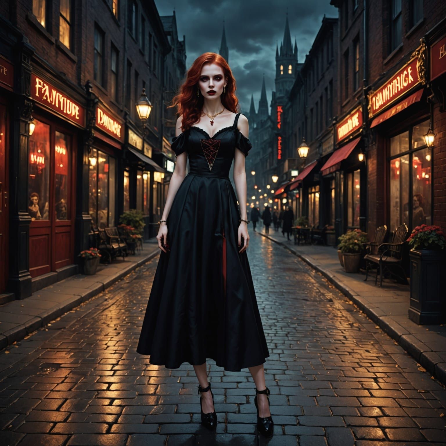 Beautiful Vampire Girl on City Sidewalk