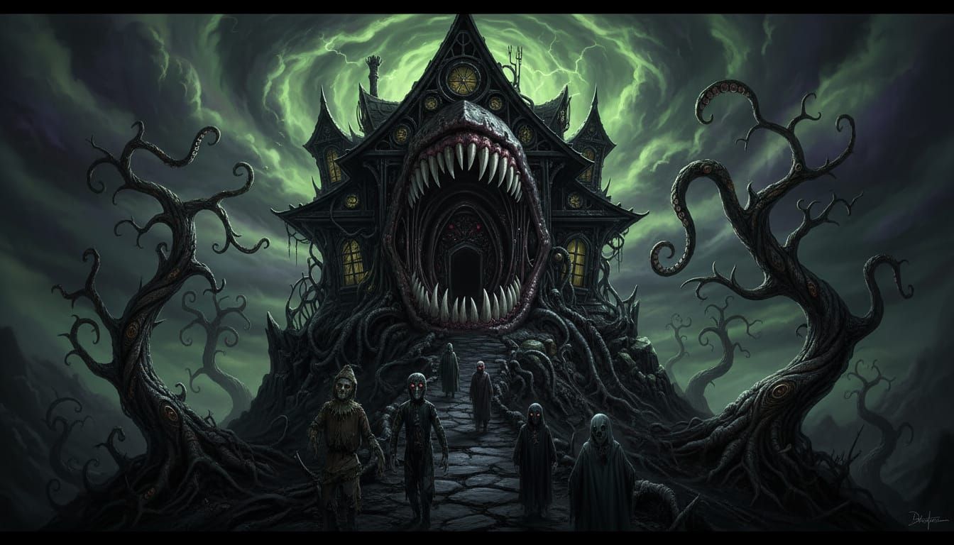 Biomechanical House as Gaping Maw in Surrealist Style