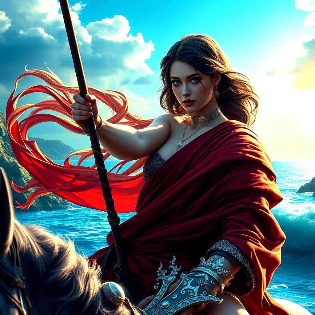 Greek Goddess on Horseback in Dramatic Seascape