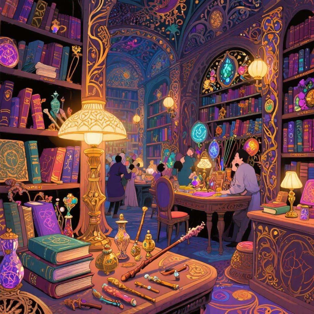 Enchanted Art Nouveau Library with Spell Books and Relics