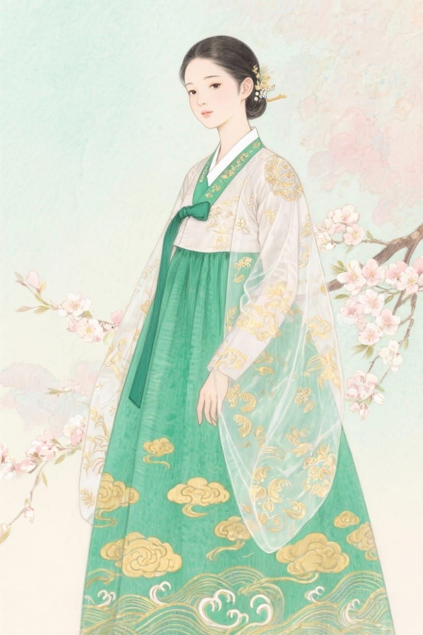 Manhwa Portrait of Woman in Jade Hanbok with Golden Embroide...