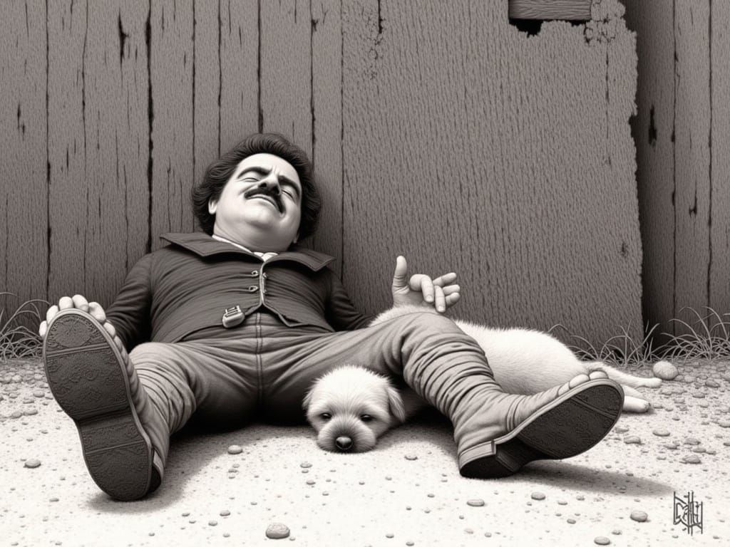 Charlie Chaplin Rests Peacefully with Dog, Comic Book Style