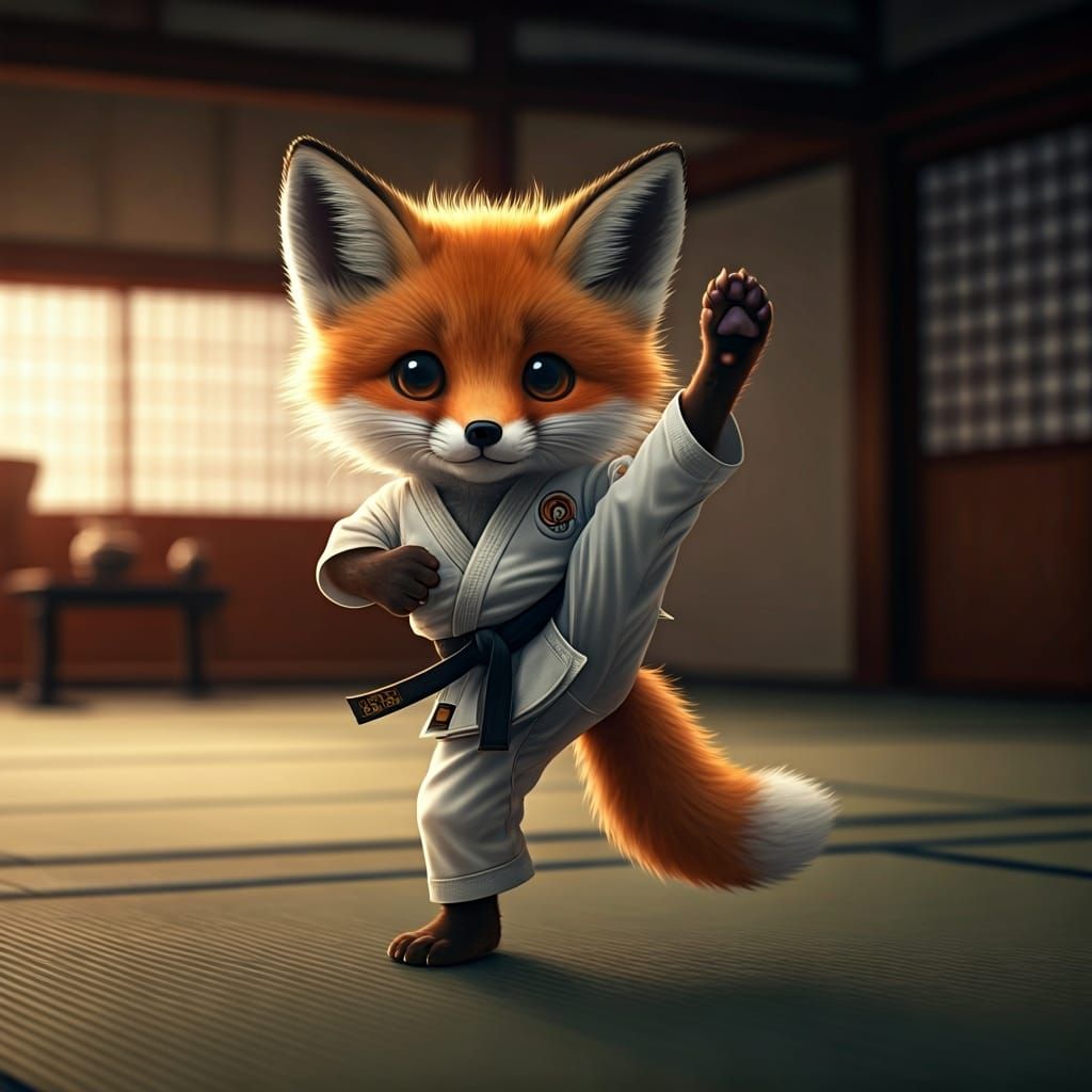 Fox Cub Karate Kid in Japanese Dojo