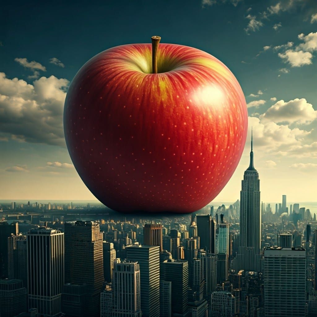 Giant Apple Rises Over Manhattan: Hyperrealistic Photo