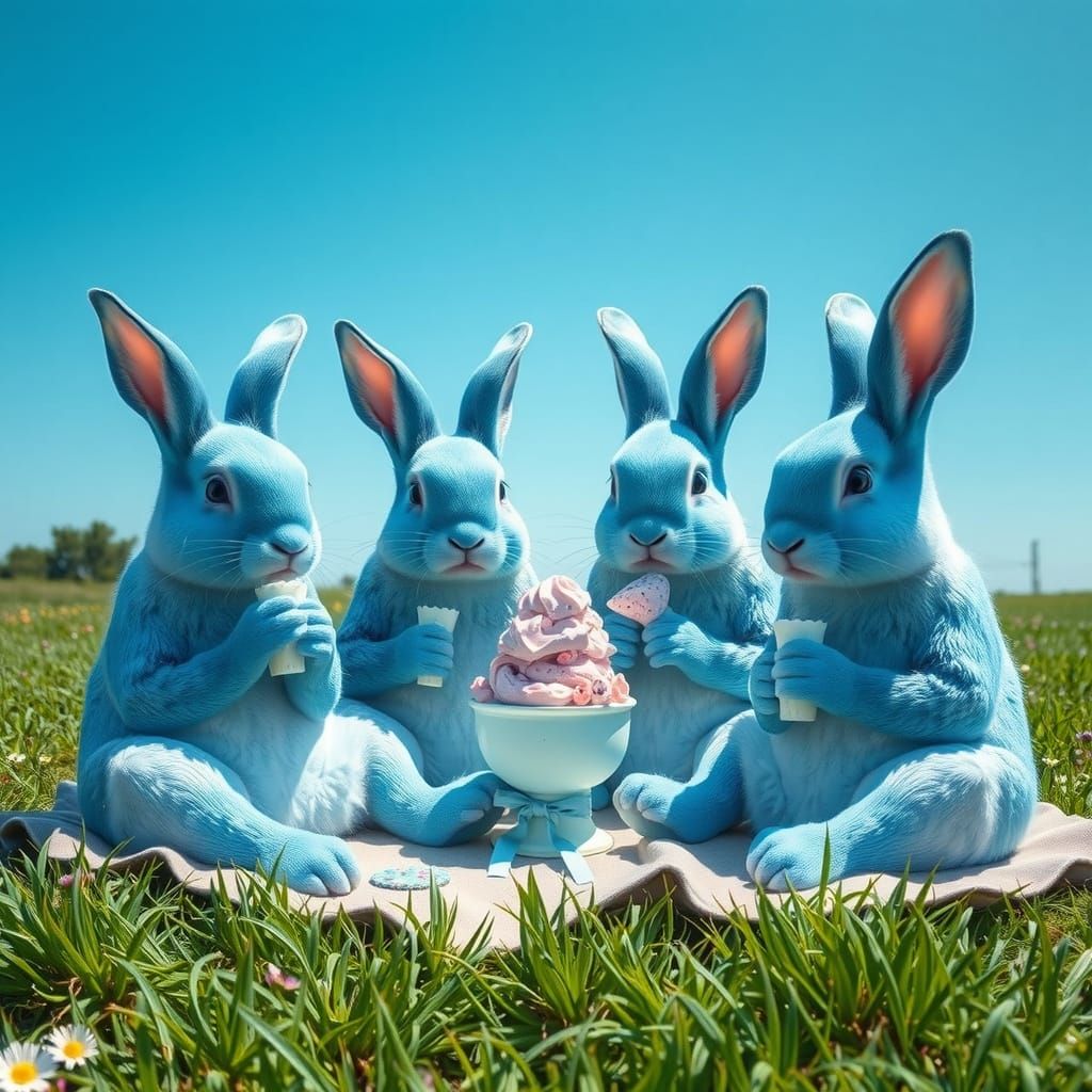 Blue Bunnies Picnic in Hyperrealistic Photo