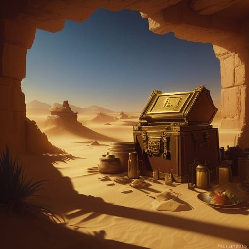 Ancient Treasure Chest in Desert Oasis