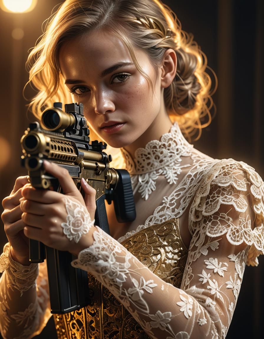 Woman in Lace Dress with Machine Gun, Hyper-Realistic Portra...