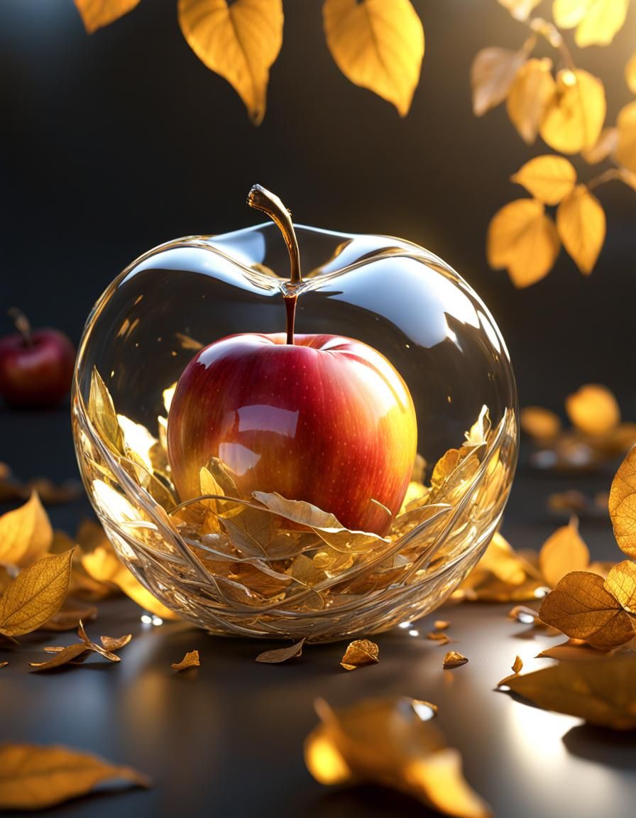 Glass Apple Among Golden Leaves in 3D