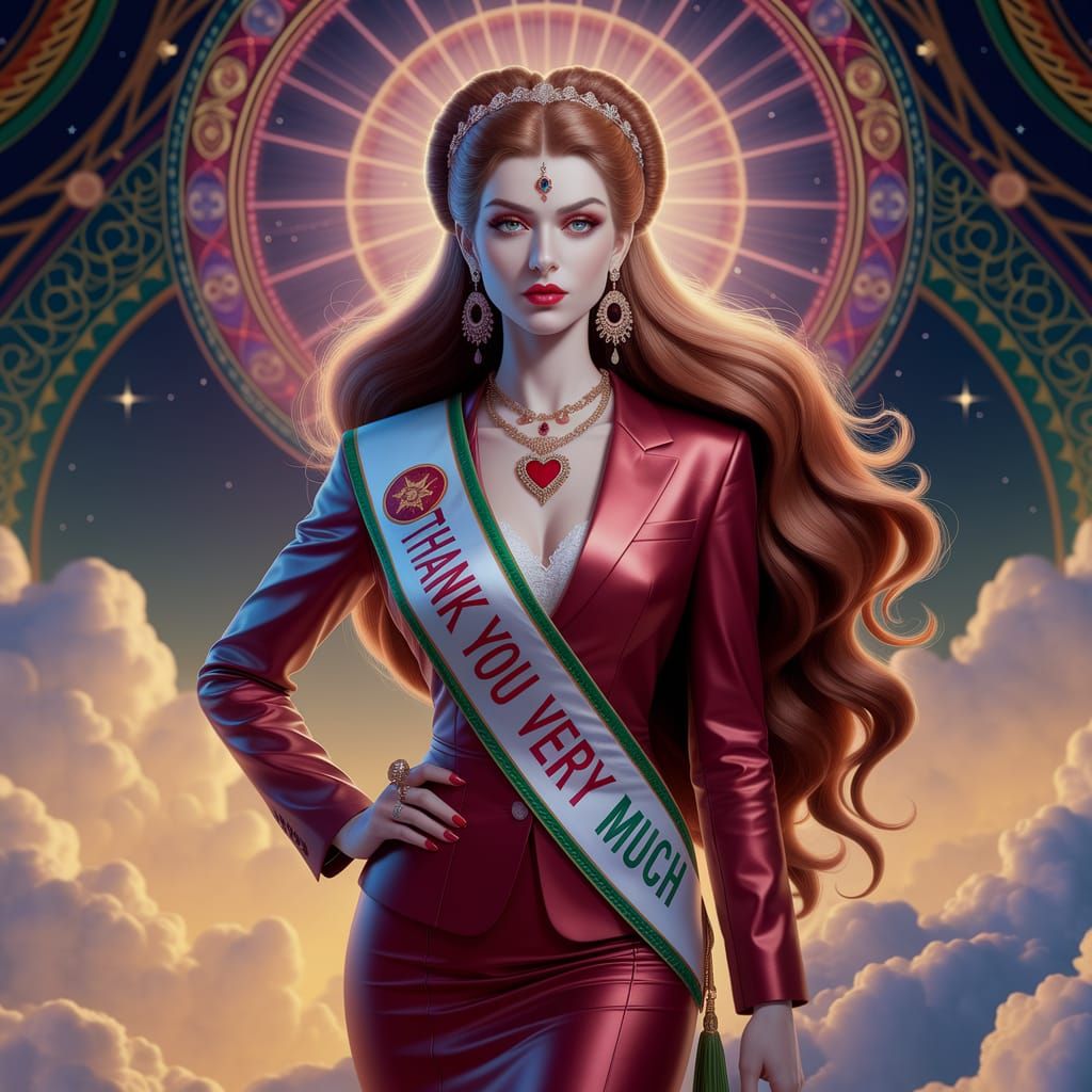 Ethereal Goddess of Gratitude in Red and Gold Attire